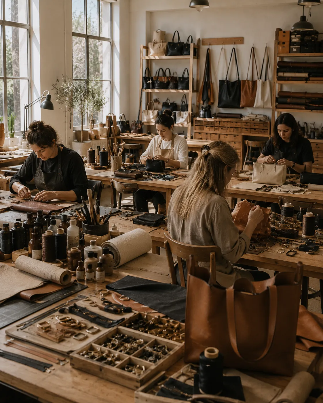 Atölyede çalışma masasında kurs anı